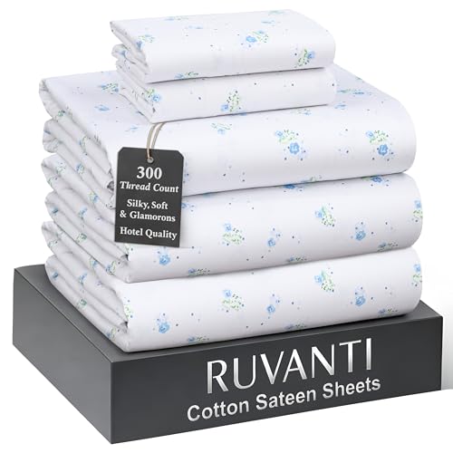 "Ruvanti 100% Cotton Sateen Sheets Split King Size, Floral Tossed - Split King Sheets 300 Thread Count 5 Piece Set, 16"" Deep Pocket, Cooling Bed Sheets For Hot Sleepers, Breathable & Durable"