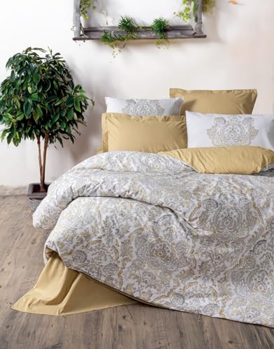 Nuit Des Rêves Mustard Ranforce Double Quilt Cover Set (200 x 200 cm), 100% Cotton, 2 Pillowcases (80 x 80 cm), Pigment Printed, Machine Washable, Elegant Design