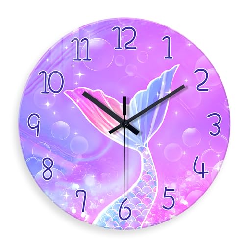 Constantplanet Bedroom Decor for Teen Girls Pink Mermaid Wall Clocks Battery Operated 12 Inch Glass Wall Clock Non Ticking