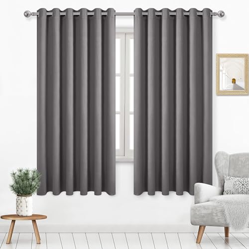 DWCN Blackout Curtains 63 Inch Length, Room Drakening Curtains for Bedroom, Grommet Living Room Curtains Extra Wide Curtains, Grey, W70 x L63 Inch, 2 Panels