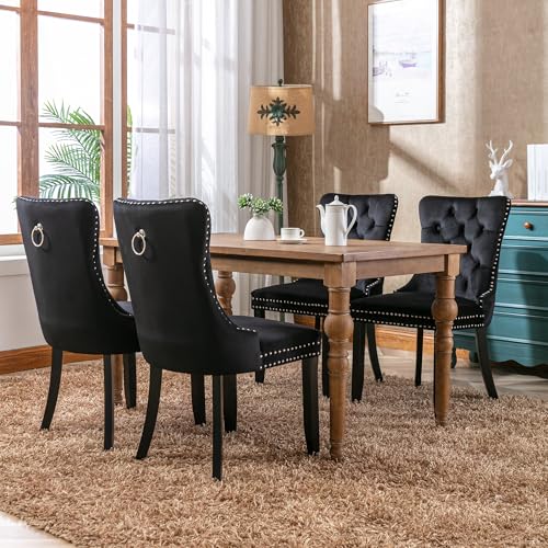 Merax Dining Chairs Set of 4, Modern Upholstered Seating for Kitchen, Featuring Solid Wood Legs, Riveted Trim, Chrome Knocker Ring, High-end Tufted Design, Soft Velvet Upholstery, Black