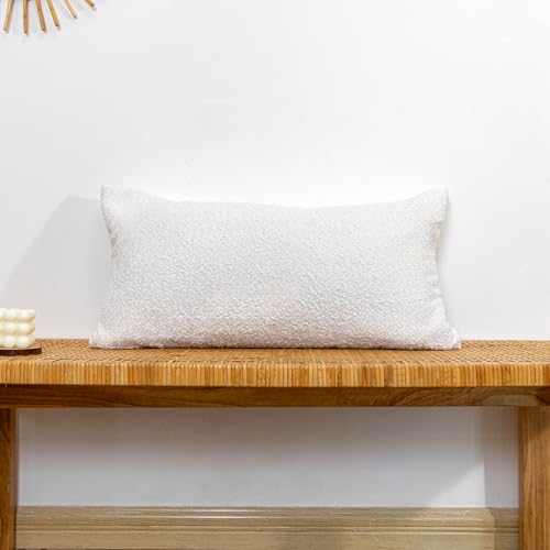 JoraLion 14x26 Neutral Textured Boucle Throw Pillow Cover, White Lumbar Pillow Cover Cozy Soft Cushion Case for Couch Sofa Bed Living Room Home Decor, Pack of 1 (Cover Only)