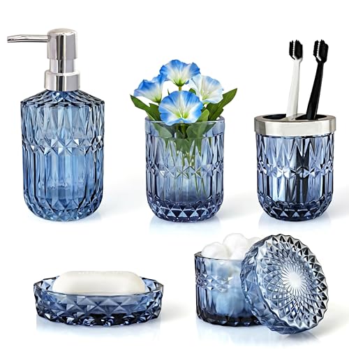 LaMarriti 5-Piece Blue Glass Bathroom Accessory Set - Lotion Dispenser, Soap Dish, Tumbler, Cotton Swab Jars, Toothbrush Holder - Modern Bathroom Decor and Gift Set