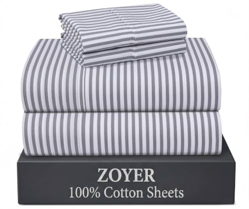 "ZOYER 100% Cotton Sheets ??? King Size Percale Bedding, Cooling & Breathable, Durable with a Crisp, Soft & Comfortable Feel, 16"" Deep Pocket, 4-Piece Set, Grey Stripe"