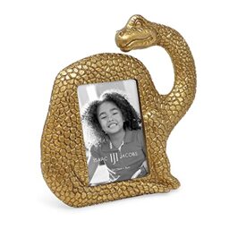 "Isaac Jacobs 2"" x 3"" Resin Dinosaur Picture Frame, Vertical Keepsake Photo Frame with Easel and Hanging Tabs for Tabletop, Desktop & Wall Display (Brontosaurus, Gold)"