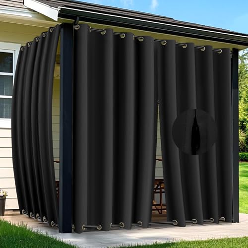 Arfntevss Outdoor Curtains for Patio Waterproof 2 Panels Blackout Extra Wide Curtains with Zipper Top & Bottom Grommet Sun Blocking Outdoor Privacy Drape for Gazebo Porch Pergola (110x96, Black)