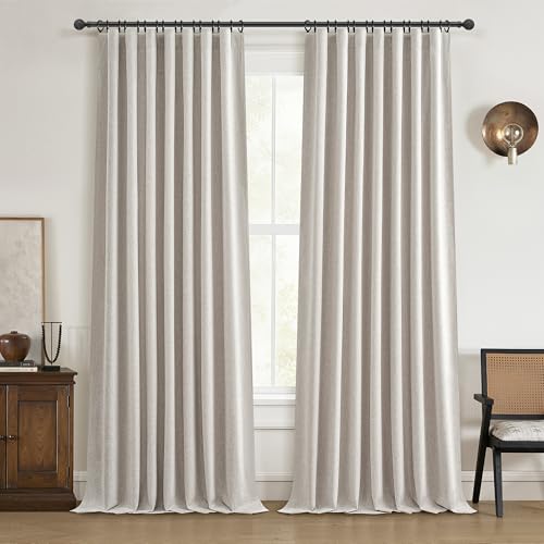 "QJmydeco Black Out 96 Inch Long Boho Curtains 2 Panel Set, Farmhouse Curtains for Living Room Darkening/Thermal/Noise Reduction Textured Flax Linen Drape 8ft Hook&Ring Included Birch Off White 50""x96"""