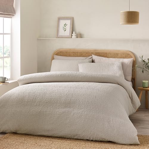 Catherine Lansfield Crinkle Seersucker Double Duvet Cover Set with Pillowcases Natural