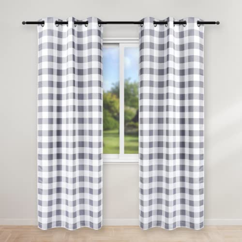 "Simple Deluxe Buffalo Check Blackout Curtains Panels for Living Room, Bedroom Farmhouse Courtyard Style Room Darkening Thermal Insulated Plaid Grommet Curtain, 37"" W x 84"" L, White and Gray"
