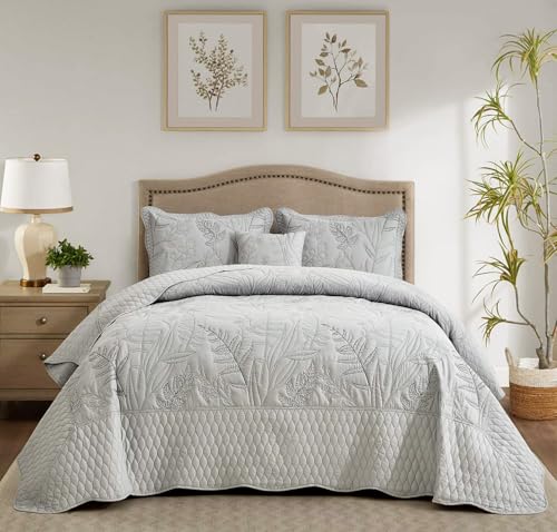 DaisyHuang Botanical Oversized Bedspread King Size - Leaves Pattern Stitching Quilt Set - Elegant & Fresh Style Bedding Coverlets, Reversible, Lightweight, 4 Piece, Grey