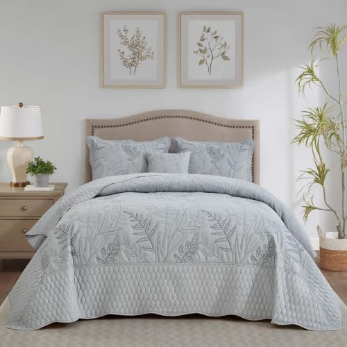 DaisyHuang Botanical Oversized Bedspread King Size - Leaves Pattern Stitching Quilt Set - Elegant & Fresh Style Bedding Coverlets, Reversible, Lightweight, 4 Piece, Grey