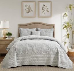 DaisyHuang Botanical Oversized Bedspread King Size - Leaves Pattern Stitching Quilt Set - Elegant & Fresh Style Bedding Coverlets, Reversible, Lightweight, 4 Piece, Grey