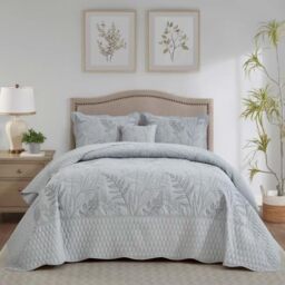 DaisyHuang Botanical Oversized Bedspread King Size - Leaves Pattern Stitching Quilt Set - Elegant & Fresh Style Bedding Coverlets, Reversible, Lightweight, 4 Piece, Grey