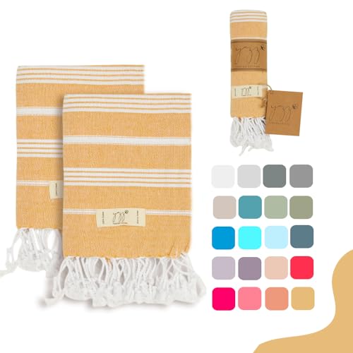 "Yazz Turkish Cotton Hand Towels - Set of 2, 18"" x 30"" inches, Decorative Peshtemal Cotton Hand Towels for Kitchen, Bath, Guest, Face, Hair, Gym, Yoga, Dishcloth, Travel (Mustard Yellow)"