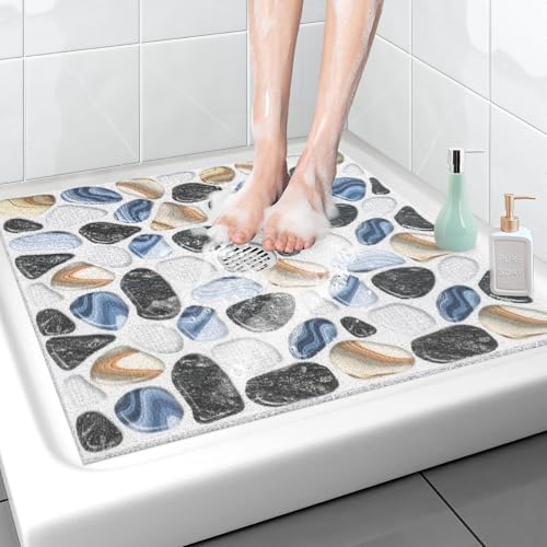 Square Shower Mat Non Slip: 32??32 Inch Extra Large Shower Mat with Drain Hole in Middle, Anti Slip Shower Mats for Inside Shower, Super Soft PVC Loofah Shower Stall Mats for Elderly and Kids
