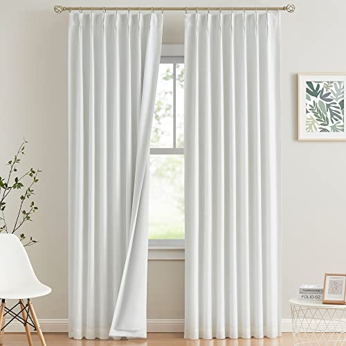 "Vision Home White Pinch Pleated Full Blackout Curtains Thermal Insulated Window Curtains 112 inch for Living Room Bedroom Room Darkening Pinch Pleat Drapes with Hooks Back Tab 2 Panel 40"" Wx112 L"