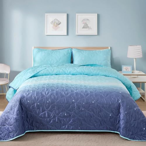 Xruibed Blue Quilt Set Twin - Blue Purple Design Girls Bedding Set Reversible Lightweight Microfiber Coverlet Set for All Season (68''x86'')