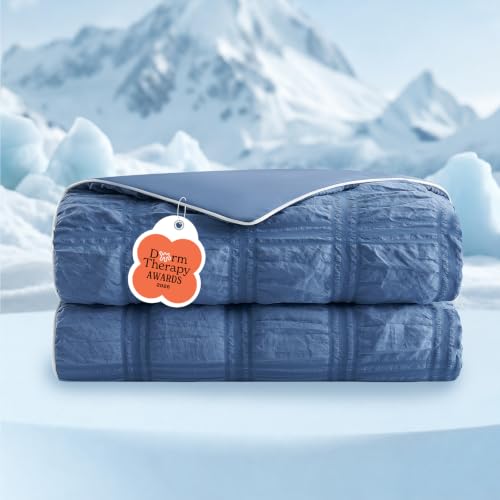 Cozy Bliss Cooling Comforter Seersucker Plaid Twin, Q-Max 0.4 Reversible Lightweight Cooling Blanket, Breathable Silk Smooth Summer Bedding Quilt for Hot Sleepers Night Sweats Denim Blue