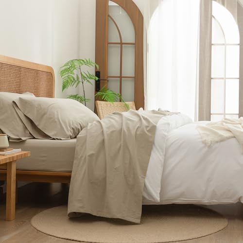 BESTOUCH King Washed Cotton Linen Feel Sheet Set 4 Pcs Almond Milk Grey - 4 Piece Sheets, Deep Pockets with All???Around Elastic, Linen-Like Texture, Extra Soft & Breathable, No???Iron