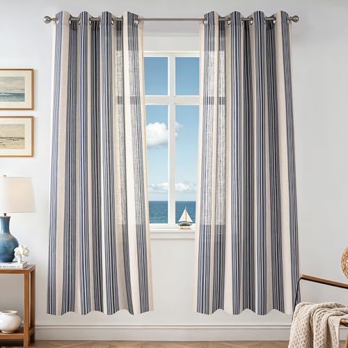 DriftAway Farmhouse Vertical Striped Linen Blend Textured Light Filtering Semi Sheer Curtains for Living Room Bedroom 72 Inches Long Drapes 2 Panels Broad Striped Dark Navy