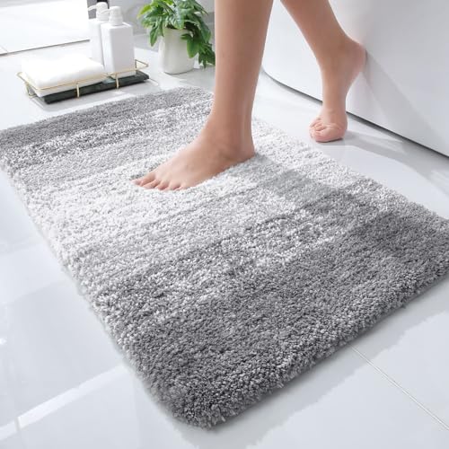OLANLY Luxury Bathroom Rug Mat 24x16, Extra Soft and Absorbent Microfiber Bath Rugs, Non-Slip Plush Shaggy Bath Carpet, Machine Wash Dry, Bath Mats for Bathroom Floor, Tub and Shower, Light Grey