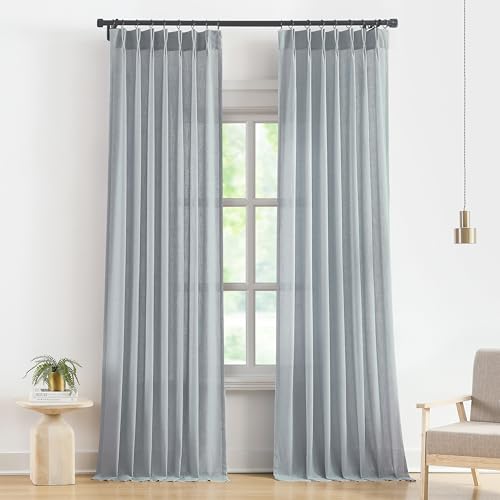 "Vision Home Pinch Pleated Semi Sheer Curtains Textured Linen Blended Light Filtering Window Curtains 95 inch for Living Room Bedroom Pinch Pleat Drapes with Hooks 2 Panels 40"" Wx95 L,Blue Fog"