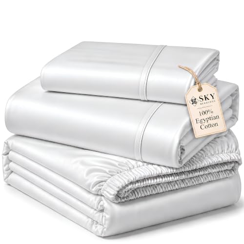 "SKY BEDDINGS Twin Sheets Set - 100% Cotton Sheets for Twin Size Bed - 600 Thread Count Twin Bed Sheets Set with 15"" Deep Pocket - Soft, Cooling Sateen Weave 3 Piece Twin Sheets Set - White"
