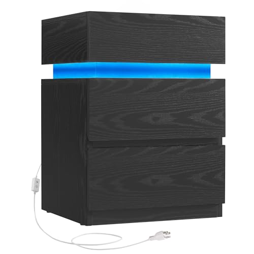 VASAGLE KAILYN Collection - Bedside Table with LED Lights, Adjustable Light Colours, 3 Drawers, Side Table, Modern Style, 35 x 40 x 55 cm, Ebony Black LET630T57