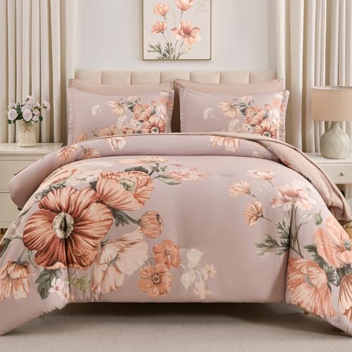 "LLDSYW Queen Comforter Set - 7 Pieces Bed in a Bag Khaki Floral Queen Comforter Set with Sheets, Soft Microfiber Flower Complete Bedding Set for All Seasons???Khaki,90""x90""???"
