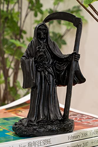 "EASCHEER 5.3"" Holy Death Santa Muerte Holding Scythe in Black Tunic Robe Statue, Grim Reaper Statue???Altar Sculpture, Standing Religious Decorative Figurine"