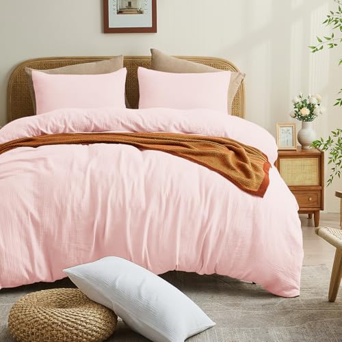 MEISHANG Muslin Duvet Cover King Size - 100% Organic Cotton, Soft Textured Gauze Weave Comforter Cover for Breathable All-Season with Zipper Closure - 3 Piece Set (King, Light Pink)