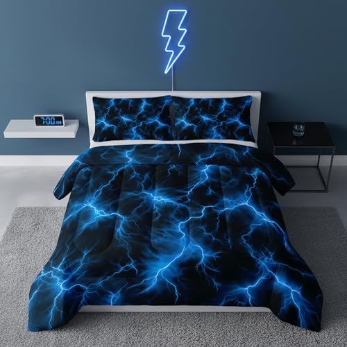 QOOMO 3Pcs Blue Lighting Comforter Set Queen,Lighting Bedding Set for Teens Boys Girls,1 Comforter with 2 Pillowcases,Down Alternative,Soft and Lightweight