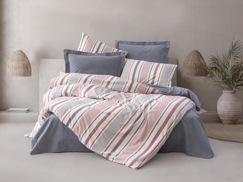 Nuit Des Rêves Double Quilt Cover Set (200 x 200 cm), Dark Blue & White/Pink, 50% Cotton/50% Polyester, Machine Washable, Button & Envelope Closure, Stylish & Comfortable Bedding