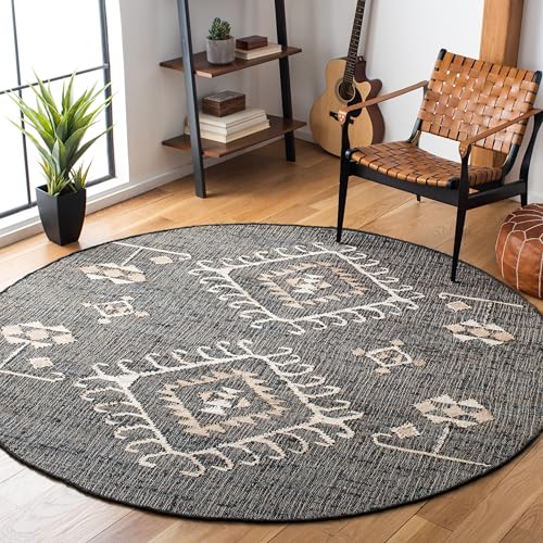 Safavieh Geometric Rug for Living Room, Dining Room, Bedroom - Kilim Collection, Short Pile, in Black and Ivory, 90 x 90 cm