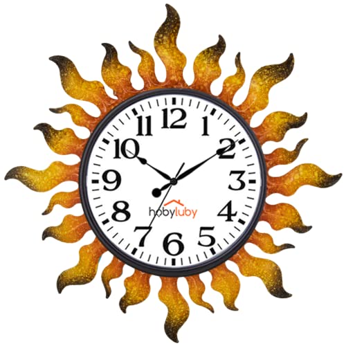 "HOBYLUBY Outdoor Clock Silent Non-Ticking, 13"" Sun Outdoor Wall Clock for Patio, Living Room, Home Decor???Gold???"