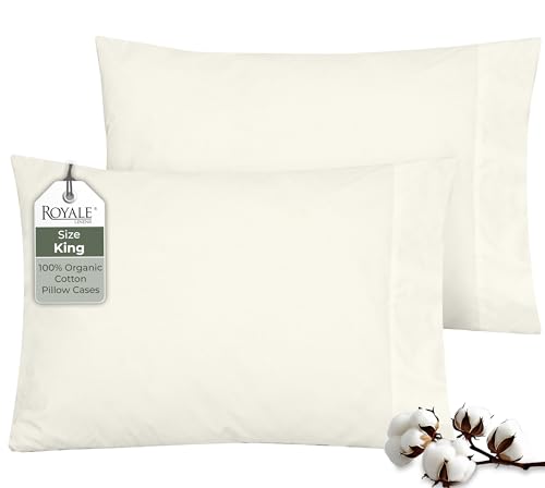 "ROYALE LINENS 100% Organic Cotton Percale Pillowcases Set of 2 - King Size Percale Pillowcase - King Set of 2 Pillow Cover - Breathable, Cool & Crisp Ivory Pillow Cases (20""x40"", Ivory)"