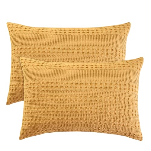 "PHF 100% Cotton Waffle Pillow Shams King Size, 2 Pack 20"" x 36"" Soft Skin-Friendly Pillowcases, No Filling, Aesthetic Woven and Breathable Waffle Weave Pillow Case Covers for Bed, Pumpkin Orange"
