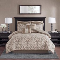 Madison Park All Season Down Alternative Bedding, Matching Shams, Bedskirt, Decorative Pillows, Jacquard, Tan/Ivory, Queen