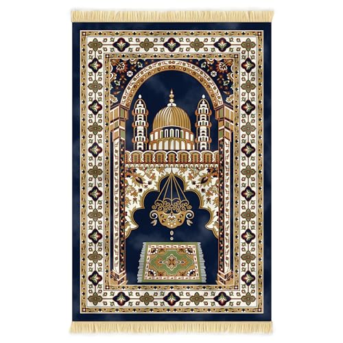 Nicoman Muslim Prayer Rug with Elegant Design - Janamaz - Sajadah - Soft Islamic Carpet Mat, Thick Velvet Fabric (Blue)