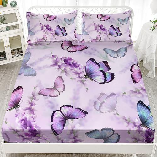 XYNHML Purple Lavender Fitted Sheet Deep Pocket Kids Colorful Butterfly Quilt Bed Sheet Twin for Kids Boys Girls Include 1 Fitted Sheets & 2 Pillowcases No Flat Sheet