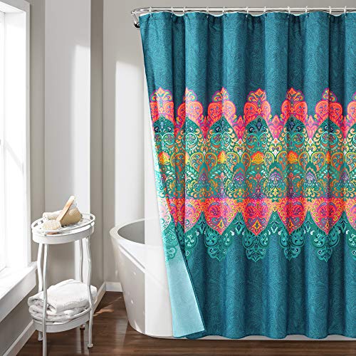 "Lush Decor Boho Chic Shower Curtain with Peva Lining and Rings, 14 Piece Complete, 72"" x 72"", Navy"