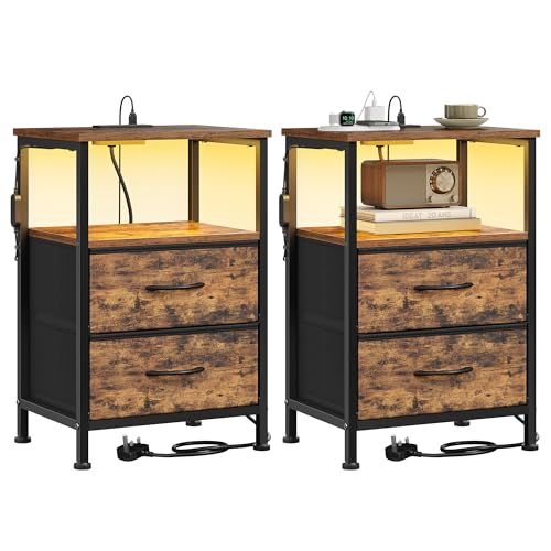 SONGMICS BELLAH Collection - Bedside Table with Charging Station, Side End Table with App-Controlled Adjustable LED Lights, Modern, 1 Shelf, 2 Drawers, Set of 2, Rustic Brown LGS202K103