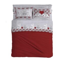 PENSIERI DELICATI Double Bed Set 100% Cotton, Complete Double Bed Sheet Set 180 x 200 cm, Including Bottom Sheet, Top Sheet and 2 Pillowcases, Made in Italy, Red Plush Pattern
