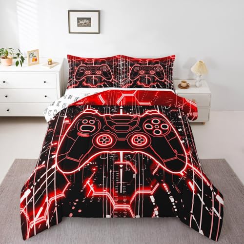Feelyou Kids Red Gamer Comforter Set Queen Size, Honeycomb Gaming Comforter Boys Girls Modern Game Console Bedding Set Gamepad Teens Duvet Set Bedroom Decor Microfiber Bed Set