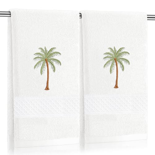 SmoothNovelty 2 Pcs Palm Tree Hand Towels White-Green Bathroom Decor 14x29 Inch Embroidered 100% Cotton Soft Absorbent Spring Summer Decorative Hand Towels for Bathroom Kitchen