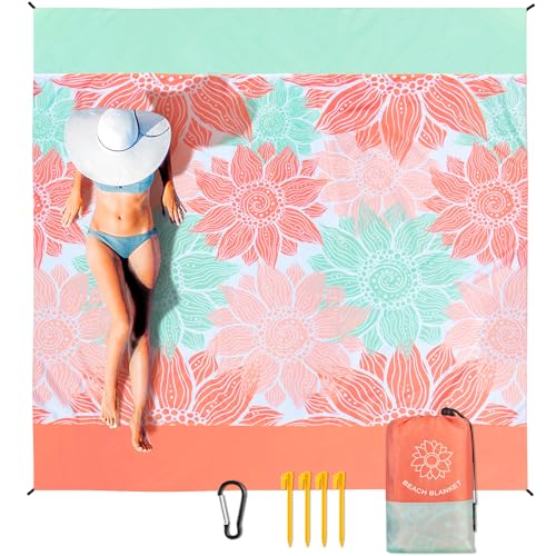 "HIHOHO Beach Blanket, Sandproof Beach Mat 79"" X 83"" for 1-3 Adults Waterproof Quick Drying Outdoor Picnic Mat with Pocket for Travel, Camping, Hiking"