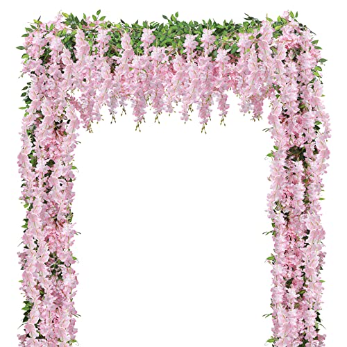 U'Artlines 5Pcs Pink Wisteria Garland, Fake Wisteria Hanging Flowers Vines - 7.2 Ft/Piece Artificial Floral Garland, Lifelike and Full, Silk Flower String for Wedding Party Outdoor Indoor Home Decor
