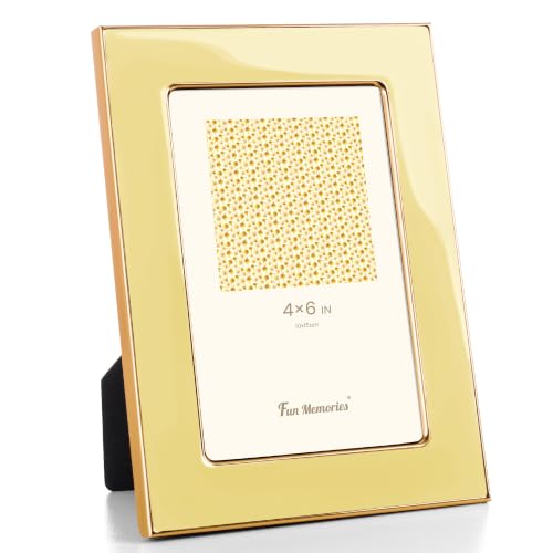 Fun Memories 4x6 Picture Frame - 1pcs Yellow Enamel Glass Photo Frame with Gold Metal Edge & Easel for Display Picture Frame on Countertops, Tabletops, Bookshelves, Desks, Walls (Yellow/Gold)