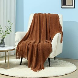 CREVENT Farmhouse Knit Throw Blanket for Couch Sofa Chair Bed Home Decoration, Soft Warm Cozy Light Weight for Spring Summer (50''X60'' Caramel)