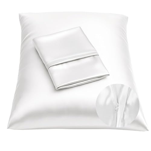 SHOPBEDDING Shop Bedding Luxury Satin Pillowcase for Hair Standard Satin Pillowcase with Zipper, White (Pillowcase Set of 2) Blissford